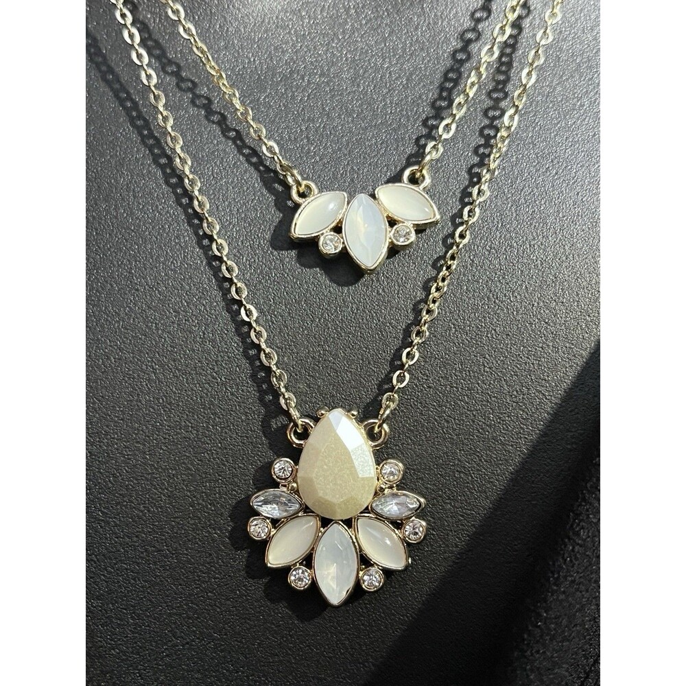 Premier Designs Layered Pendant Necklace | Silver Tone Cable Chain | White - Picture 2 of 7